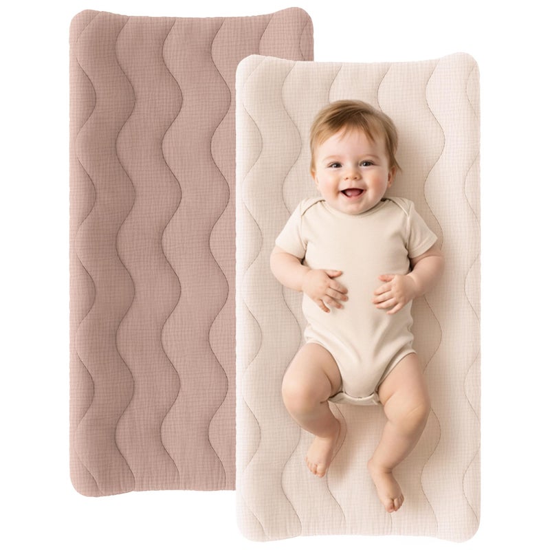 Konssy Waterproof Muslin Changing Pad Cover 2 Pack, 100% Cotton Quilted Diaper Changing Table Sheets, Soft Breathable Boho Nursery Bedding for Baby, Silent & Absorbent Standard Fit (Taupe,Cream) - Image 1