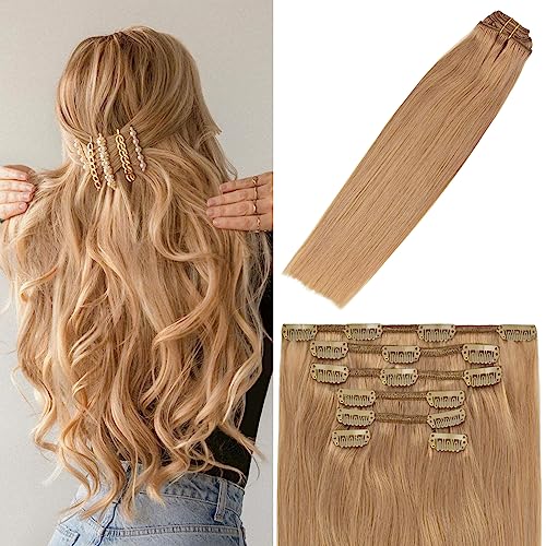 WindTouch Clip in Hair Extensions Real Human Hair 12 Reddish Blonde Extensions 7PCS 12Inch 75g Human Hair Clip in Extensions Dark Blonde Hair Extensions - Image 1