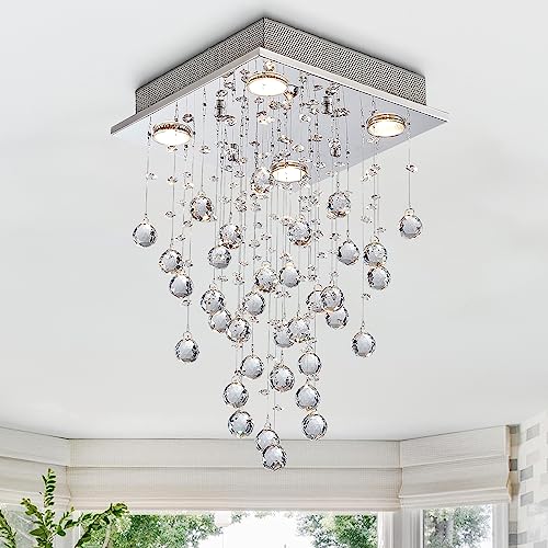 Bestier Chrome Modern Crystal Square Raindrop Chandelier Lighting Flush Mount LED Ceiling Light Fixture Pendant Lamp for Dining Room Bathroom Bedroom Livingroom 4 GU10 Bulbs Required 12" Wide 20" High - Image 1