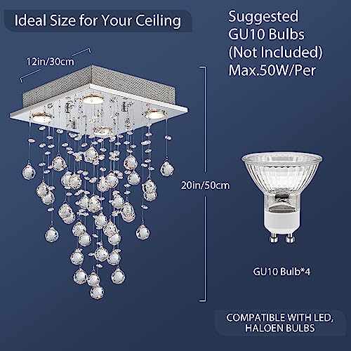 Bestier Chrome Modern Crystal Square Raindrop Chandelier Lighting Flush Mount LED Ceiling Light Fixture Pendant Lamp for Dining Room Bathroom Bedroom Livingroom 4 GU10 Bulbs Required 12" Wide 20" High - Image 3