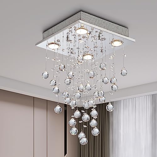 Bestier Chrome Modern Crystal Square Raindrop Chandelier Lighting Flush Mount LED Ceiling Light Fixture Pendant Lamp for Dining Room Bathroom Bedroom Livingroom 4 GU10 Bulbs Required 12" Wide 20" High - Image 2