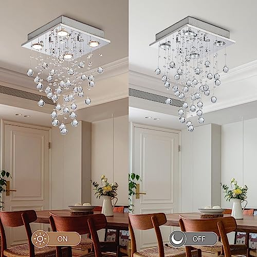 Bestier Chrome Modern Crystal Square Raindrop Chandelier Lighting Flush Mount LED Ceiling Light Fixture Pendant Lamp for Dining Room Bathroom Bedroom Livingroom 4 GU10 Bulbs Required 12" Wide 20" High - Image 5