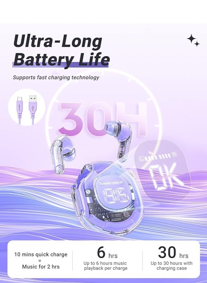 Wireless Earphones Bluetooth 5.3 Headphones LED Power Display Mini Crystal in-Ear Earbuds with Wireless Charging Case Touch Control Built-in Mic Headphone for Sports Waterproof Earphone（Purple） - Image 2