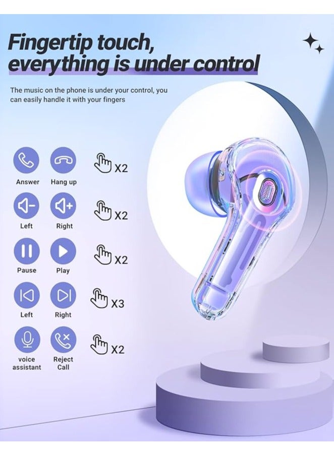 Wireless Earphones Bluetooth 5.3 Headphones LED Power Display Mini Crystal in-Ear Earbuds with Wireless Charging Case Touch Control Built-in Mic Headphone for Sports Waterproof Earphone（Purple） - Image 3