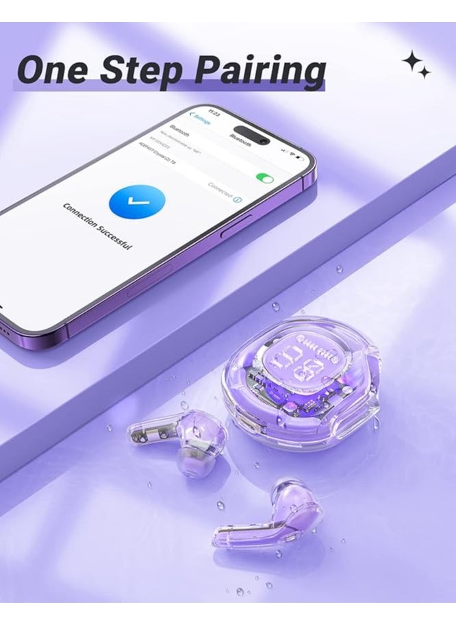 Wireless Earphones Bluetooth 5.3 Headphones LED Power Display Mini Crystal in-Ear Earbuds with Wireless Charging Case Touch Control Built-in Mic Headphone for Sports Waterproof Earphone（Purple） - Image 4