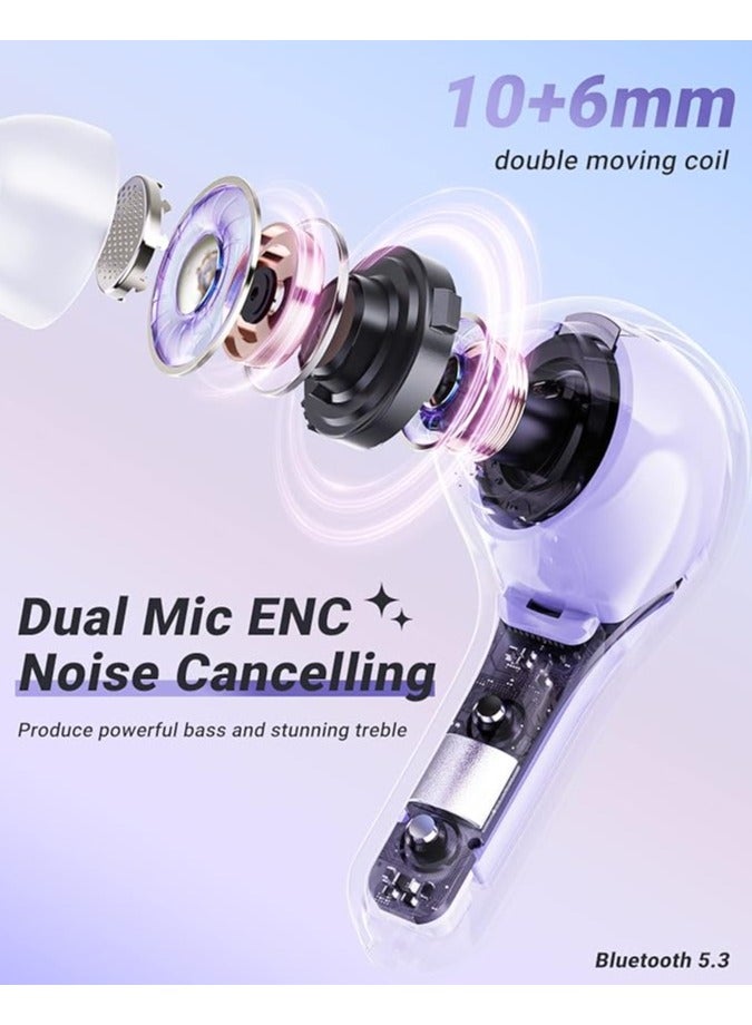 Wireless Earphones Bluetooth 5.3 Headphones LED Power Display Mini Crystal in-Ear Earbuds with Wireless Charging Case Touch Control Built-in Mic Headphone for Sports Waterproof Earphone（Purple） - Image 5