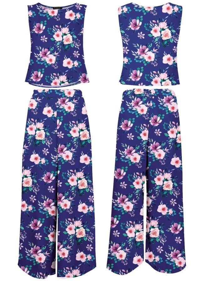 ROYLAMP Women's Summer 2 Piece Outfits Round Neck Crop Basic Top Cropped Wide Leg Pants Set Jumpsuits Blue Floral XS - Image 5