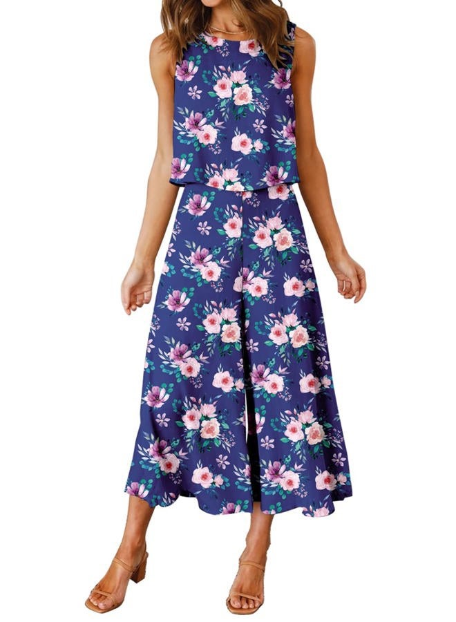 ROYLAMP Women's Summer 2 Piece Outfits Round Neck Crop Basic Top Cropped Wide Leg Pants Set Jumpsuits Blue Floral XS - Image 1
