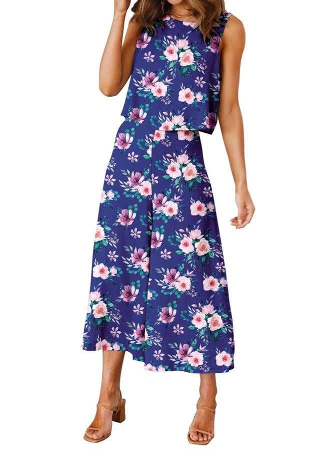 ROYLAMP Women's Summer 2 Piece Outfits Round Neck Crop Basic Top Cropped Wide Leg Pants Set Jumpsuits Blue Floral XS - Image 2