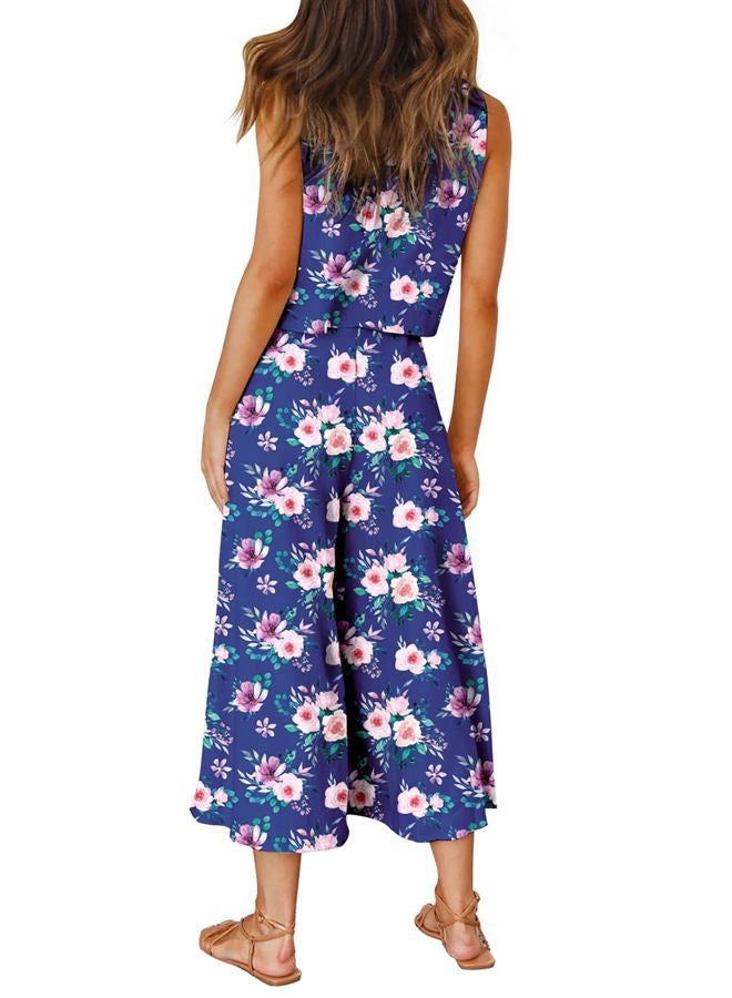 ROYLAMP Women's Summer 2 Piece Outfits Round Neck Crop Basic Top Cropped Wide Leg Pants Set Jumpsuits Blue Floral XS - Image 4