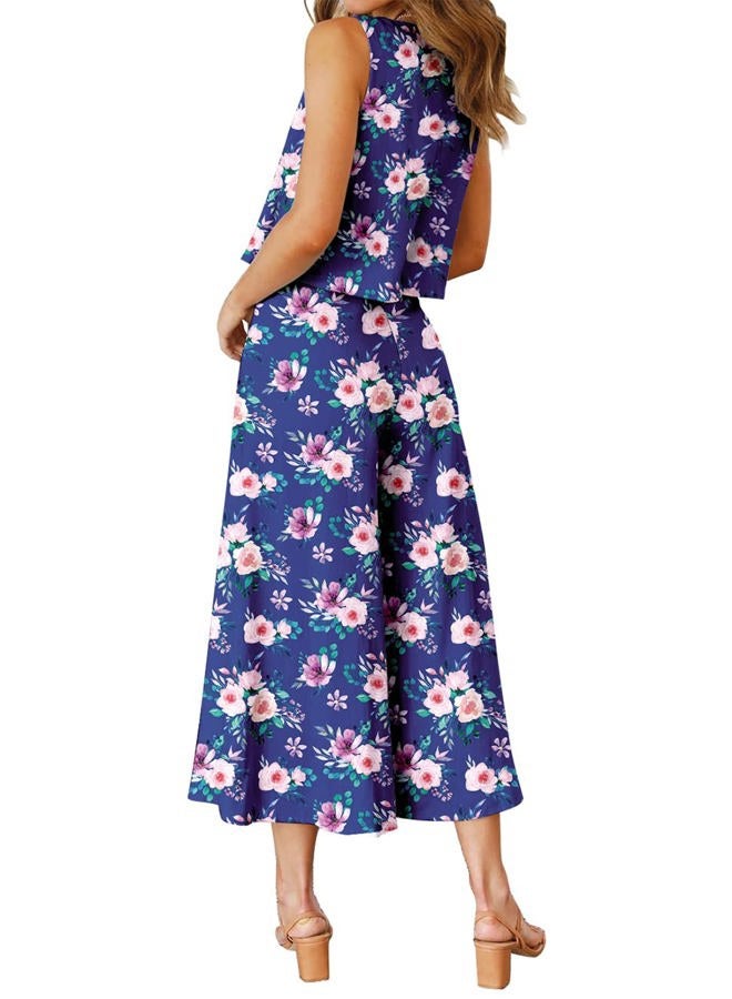 ROYLAMP Women's Summer 2 Piece Outfits Round Neck Crop Basic Top Cropped Wide Leg Pants Set Jumpsuits Blue Floral XS - Image 3
