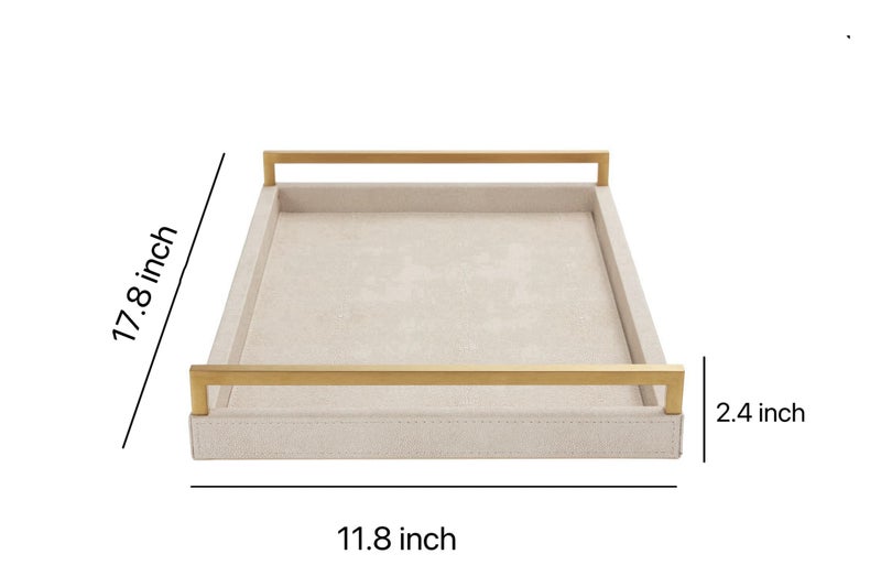 WV 17.8 * 11.8 “ Ivory Shagreen Large Serving Tray with Gold Handles for Ottoman Coffee Table Faux Leather Wood Decorative Tray for Living Room Food Drinks Tray for Bar Party Dinner Kitchen (Ivory) - Image 2