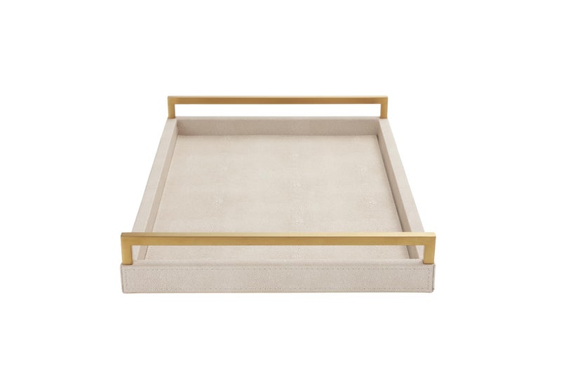 WV 17.8 * 11.8 “ Ivory Shagreen Large Serving Tray with Gold Handles for Ottoman Coffee Table Faux Leather Wood Decorative Tray for Living Room Food Drinks Tray for Bar Party Dinner Kitchen (Ivory) - Image 1