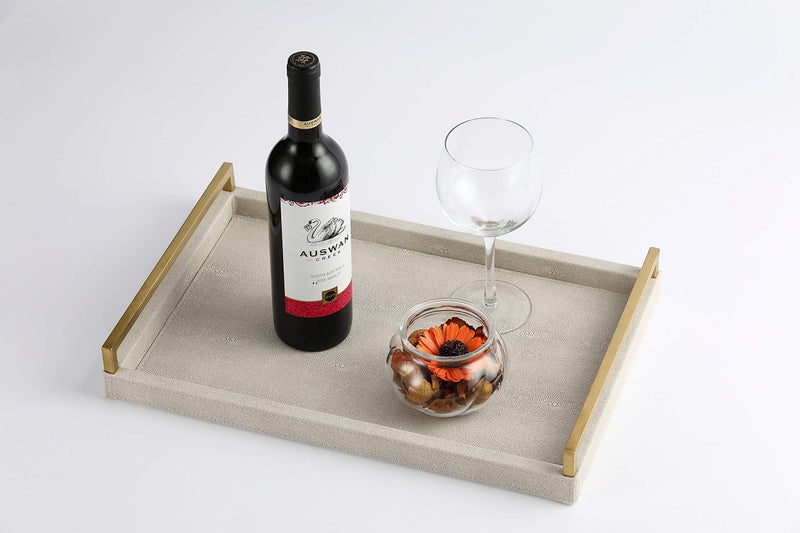 WV 17.8 * 11.8 “ Ivory Shagreen Large Serving Tray with Gold Handles for Ottoman Coffee Table Faux Leather Wood Decorative Tray for Living Room Food Drinks Tray for Bar Party Dinner Kitchen (Ivory) - Image 5