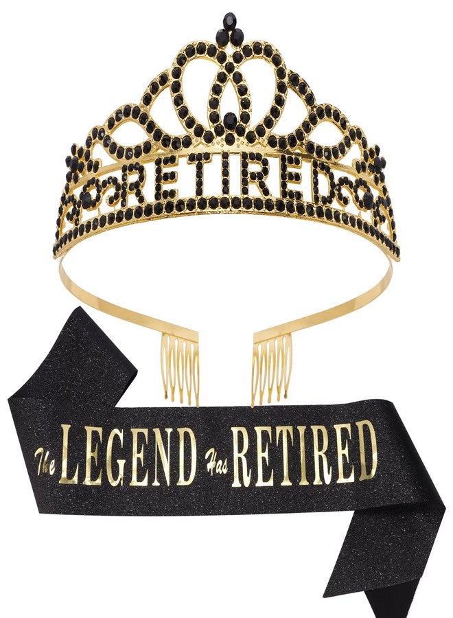 SuPoo Retirement Party Decorations Retired Sash for Women Black Gold Retired Tiara Crown Rhinestone Headband Retirement Gifts The Legend Has Retired Sash for Both Women and Men Party Supplies Favors - Image 1