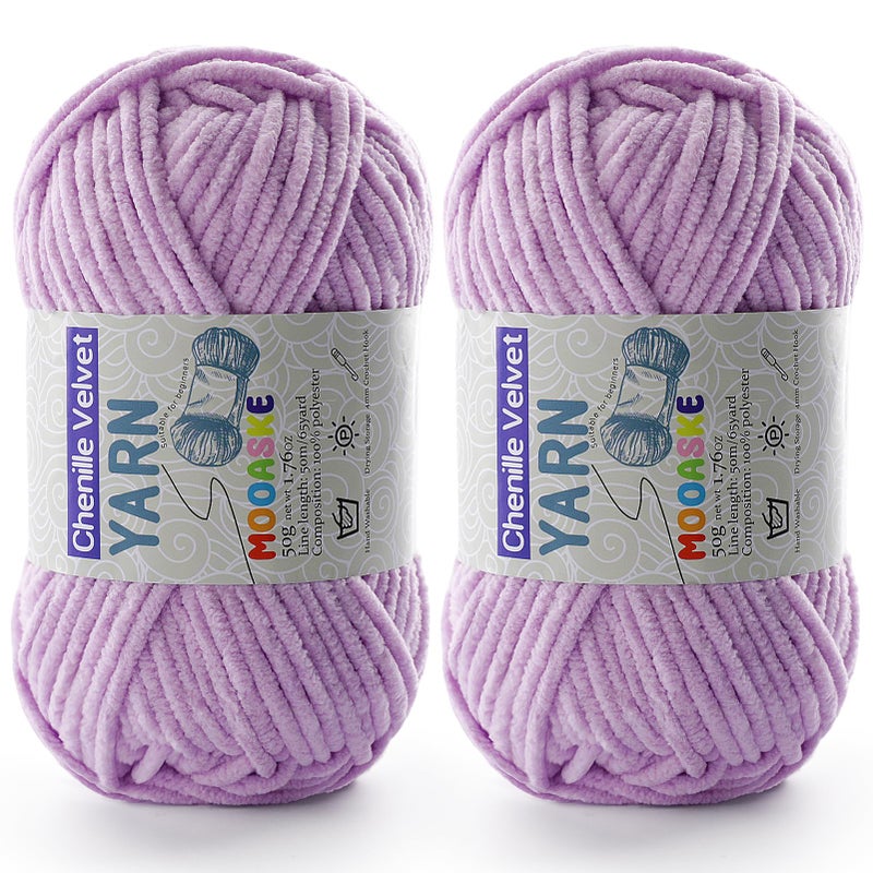 Mooaske 2 Pac Chenille Yarn for Crocheting - Blanket Yarn for Crocheting - Fluffy Yarn for Crochet, Baby Yarn for Crocheting Soft Blankets Weight Per Roll 50g/1.76oz, Length 60m/65yard (Light Purple) - Image 1