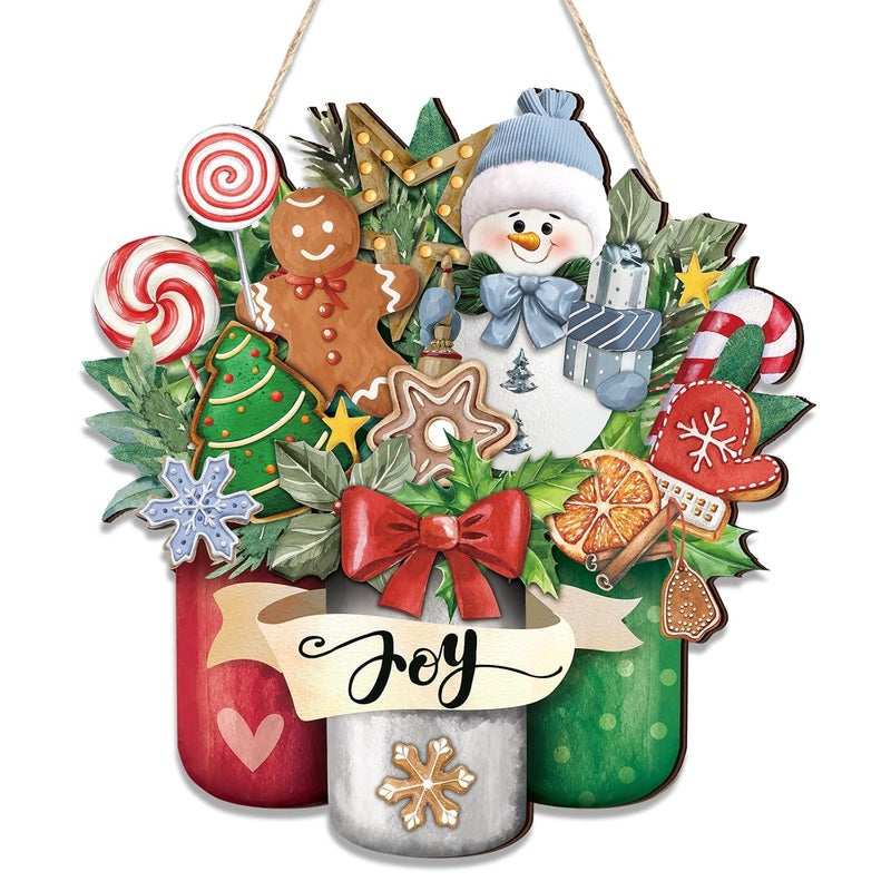 BIGTHREE Christmas Door Decorations - Wooden Hanging Sign with Snowman and Festive Elements for Indoor and Outdoor Use - Image 1