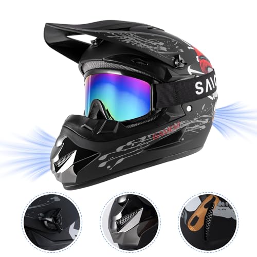 TIANDU Youth Kids Dirt Bike Motocross Helmet (Goggles Gloves Face Mask) 4PCS Set, DOT Approved Boys Full Face Motorcycle Helmets,ATV BMX MX Mountain Bike Off Road Kid Helmet (Black Skull, XL) - Image 2