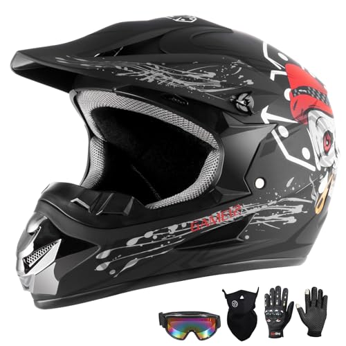 TIANDU Youth Kids Dirt Bike Motocross Helmet (Goggles Gloves Face Mask) 4PCS Set, DOT Approved Boys Full Face Motorcycle Helmets,ATV BMX MX Mountain Bike Off Road Kid Helmet (Black Skull, XL) - Image 1