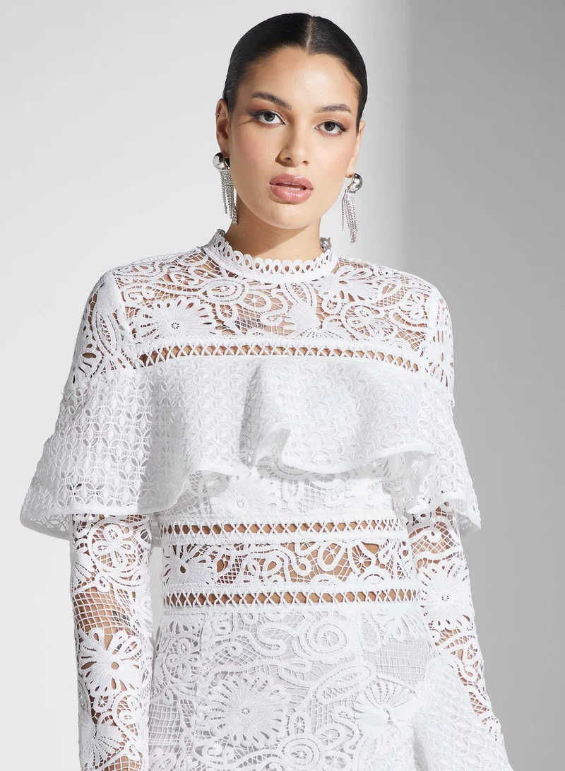 True Decadence Lace Ruffle Midi Dress