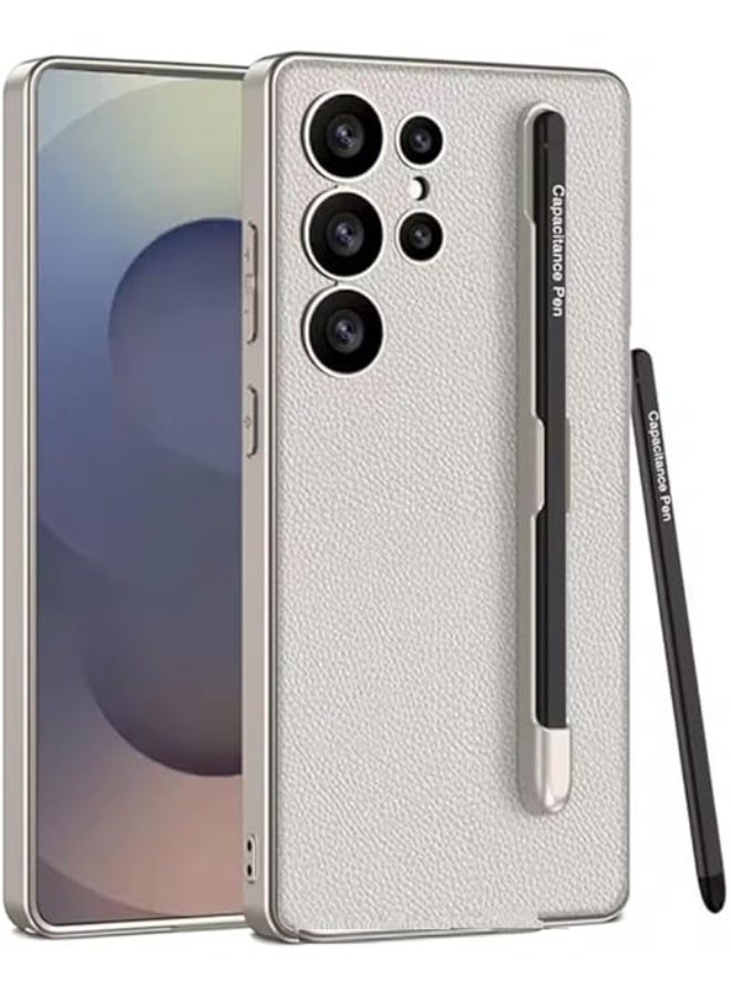 Case Leather Case Compatible with Samsung Galaxy S25 Ultra Built-in S Pen Slot | Textured Design | Back Cover Titnium