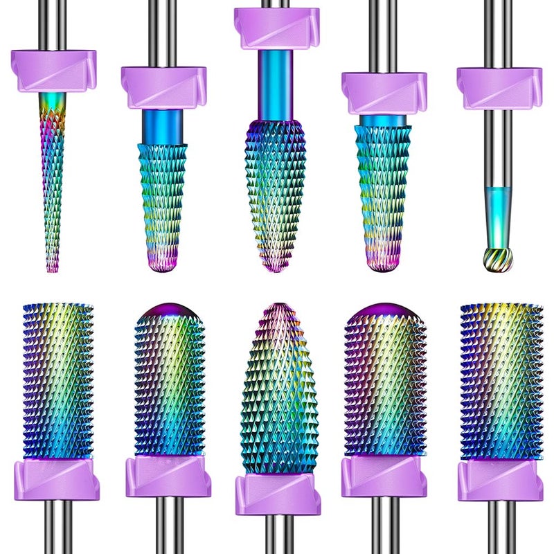 GLIX 10-in-1 Professional Nail Drill Bits Set, Rainbow Tungsten Carbide E File Bits for Acrylic Nails & Gel Polish Removal, 3/32" Shank Russian Manicure Kit with Safety Cuticle Ball & Flame Bit - Image 1