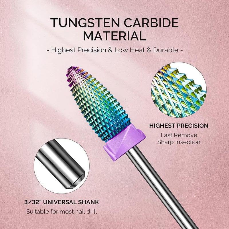 GLIX 10-in-1 Professional Nail Drill Bits Set, Rainbow Tungsten Carbide E File Bits for Acrylic Nails & Gel Polish Removal, 3/32" Shank Russian Manicure Kit with Safety Cuticle Ball & Flame Bit - Image 2