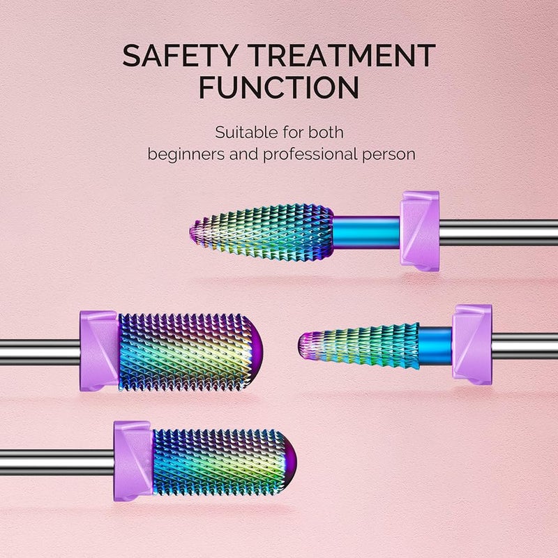 GLIX 10-in-1 Professional Nail Drill Bits Set, Rainbow Tungsten Carbide E File Bits for Acrylic Nails & Gel Polish Removal, 3/32" Shank Russian Manicure Kit with Safety Cuticle Ball & Flame Bit - Image 4