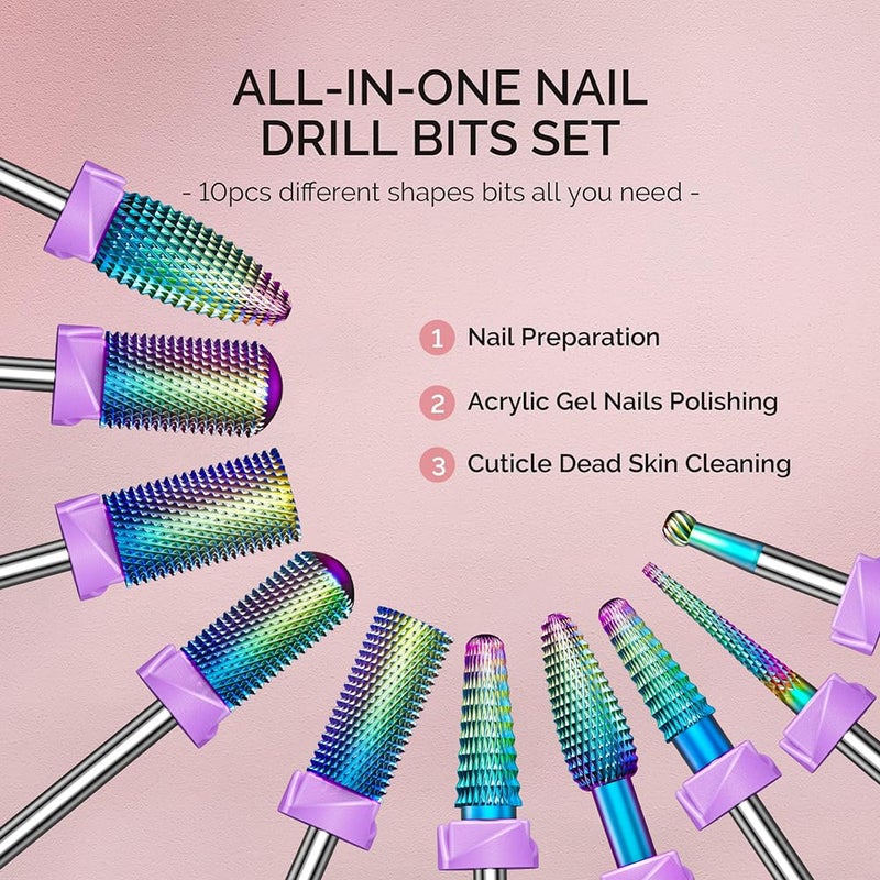 GLIX 10-in-1 Professional Nail Drill Bits Set, Rainbow Tungsten Carbide E File Bits for Acrylic Nails & Gel Polish Removal, 3/32" Shank Russian Manicure Kit with Safety Cuticle Ball & Flame Bit - Image 5