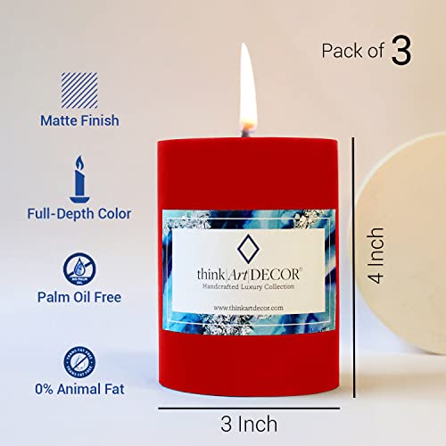 ThinkArtDecor Unscented Pillar Candles Set of 3 | 70 Hrs Each | 3X4 inch Smokeless & Dripless Wax Candles for Home Decor | Red - Image 3