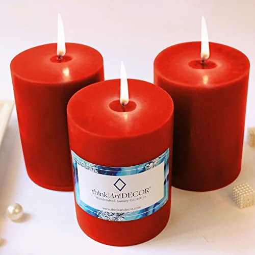 ThinkArtDecor Unscented Pillar Candles Set of 3 | 70 Hrs Each | 3X4 inch Smokeless & Dripless Wax Candles for Home Decor | Red - Image 1