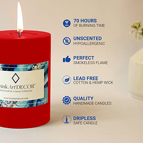 ThinkArtDecor Unscented Pillar Candles Set of 3 | 70 Hrs Each | 3X4 inch Smokeless & Dripless Wax Candles for Home Decor | Red - Image 2
