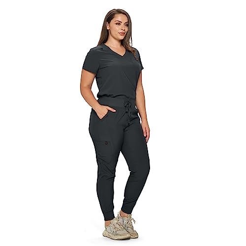 Monarch Uniforms Slim Fit Stretchy Scrubs Women's Jogger Scrub Set Slim Jogger Scrubs with Tuck-In Top for Women (BLACK-L) - Image 2