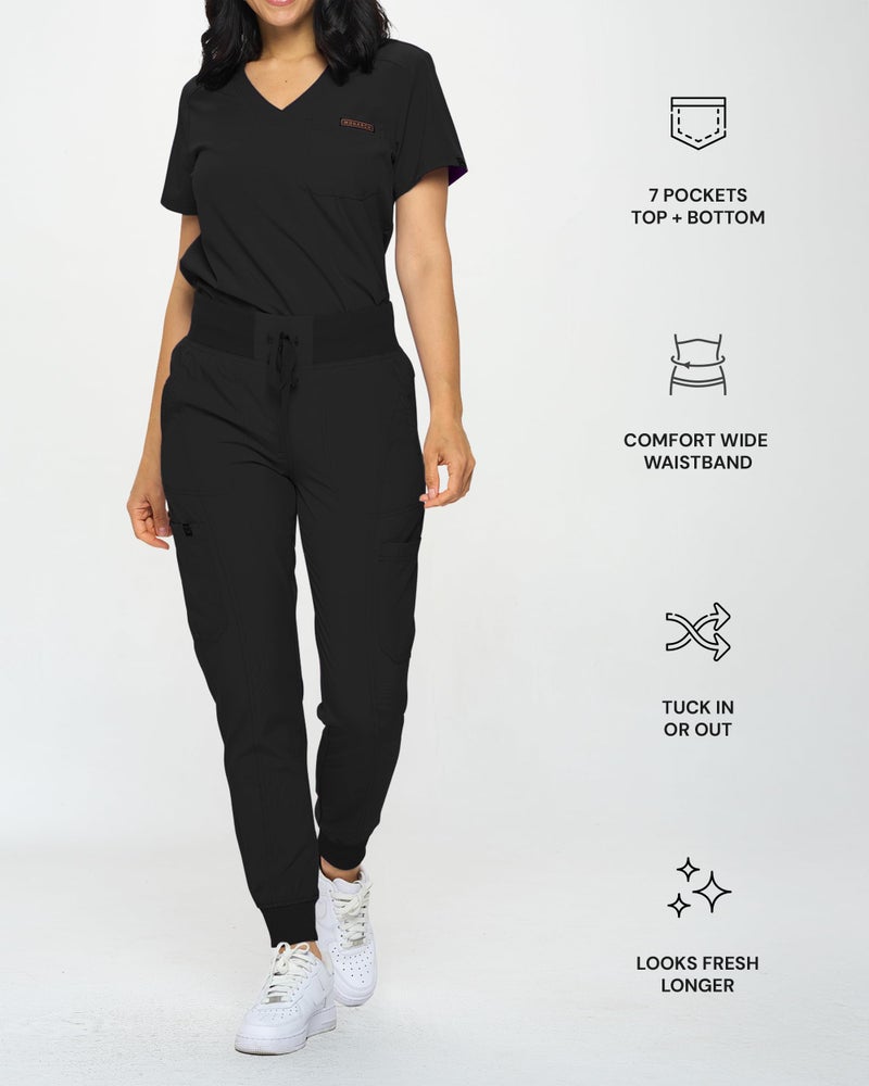 Monarch Uniforms Slim Fit Stretchy Scrubs Women's Jogger Scrub Set Slim Jogger Scrubs with Tuck-In Top for Women (BLACK-L) - Image 3