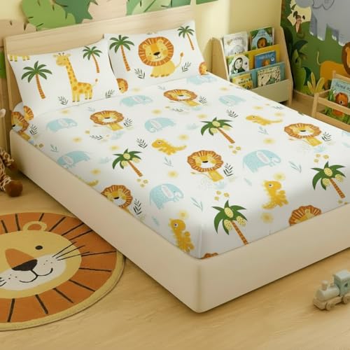 Filymore Cute Lion Double Bed Sheet for Queen Size Bed with 2 Pillow Covers for Kids Bedroom 240 TC Made with Pure Microfiber, Color Blue and Yellow (90x90 inches) - Image 1