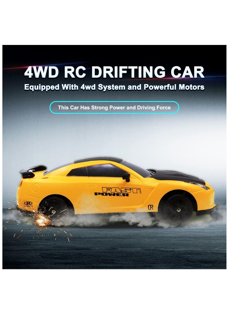 PlayandDream High-Speed 4WD Nissan GTR RC Drift Car with LED Lights & Drifting Tires – 1:24 (Yellow)  - Image 4