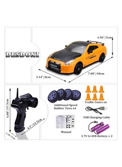 PlayandDream High-Speed 4WD Nissan GTR RC Drift Car with LED Lights & Drifting Tires – 1:24 (Yellow)  - Image 3
