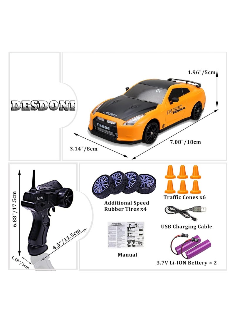 PlayandDream High-Speed 4WD Nissan GTR RC Drift Car with LED Lights & Drifting Tires – 1:24 (Yellow)  - Image 3