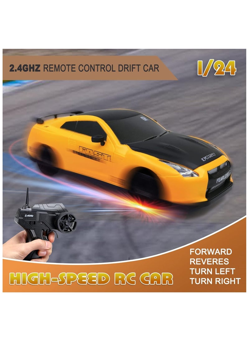 PlayandDream High-Speed 4WD Nissan GTR RC Drift Car with LED Lights & Drifting Tires – 1:24 (Yellow)  - Image 2