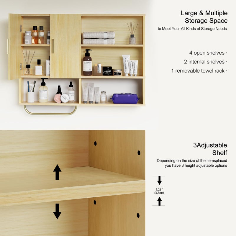 Tltaroni Bathroom Wall Cabinet Wood Large Wall Mounted Medicine Cabinet with 2 Doors and 4 Open Shelves Over Toilet Storage Cabinet Organizer with Towel Bar,Wood - Image 3