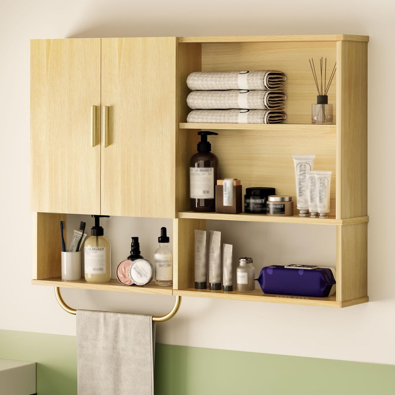 Tltaroni Bathroom Wall Cabinet Wood Large Wall Mounted Medicine Cabinet with 2 Doors and 4 Open Shelves Over Toilet Storage Cabinet Organizer with Towel Bar,Wood - Image 1
