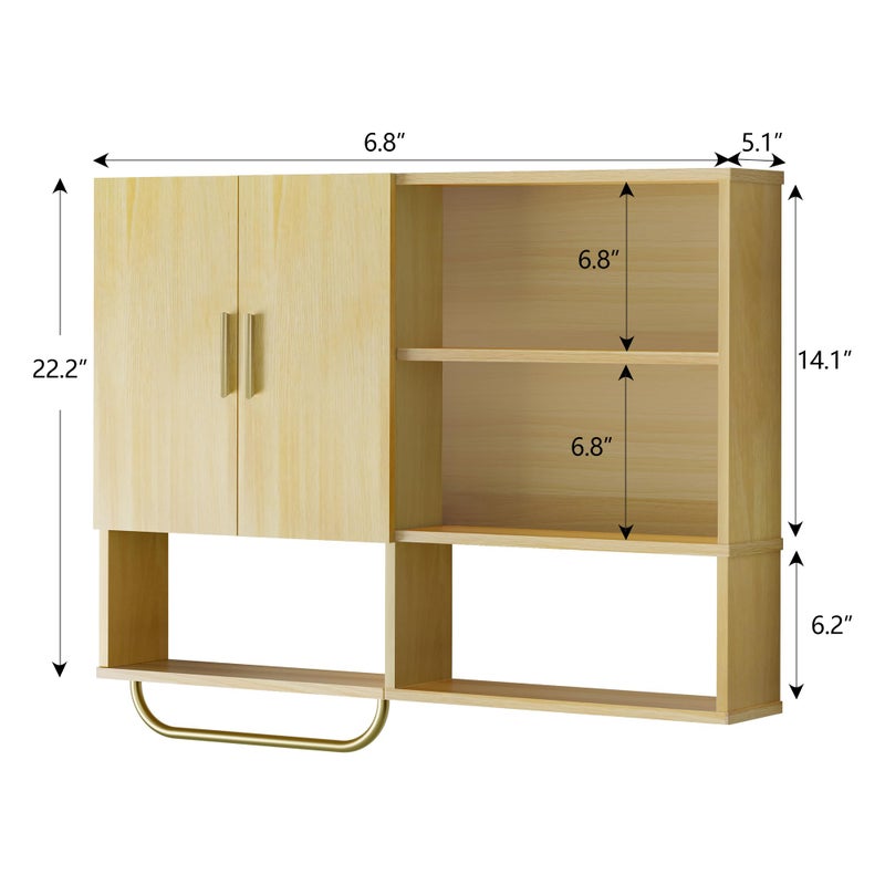 Tltaroni Bathroom Wall Cabinet Wood Large Wall Mounted Medicine Cabinet with 2 Doors and 4 Open Shelves Over Toilet Storage Cabinet Organizer with Towel Bar,Wood - Image 2