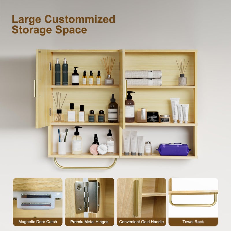 Tltaroni Bathroom Wall Cabinet Wood Large Wall Mounted Medicine Cabinet with 2 Doors and 4 Open Shelves Over Toilet Storage Cabinet Organizer with Towel Bar,Wood - Image 4