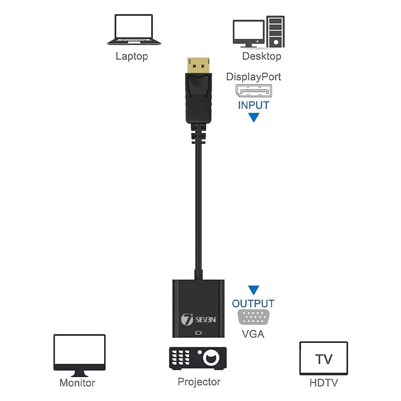 7-Seven محول 7SEVEN® DisplayPort (DP) إلى VGA، محول Display Port إلى VGA مطلي بالذهب (ذكر إلى أنثى) متوافق مع الكمبيوتر، سطح المكتب، اللابتوب، الكمبيوتر الشخصي، الشاشة، البروجيكتور، HDTV - أسود - Image 3