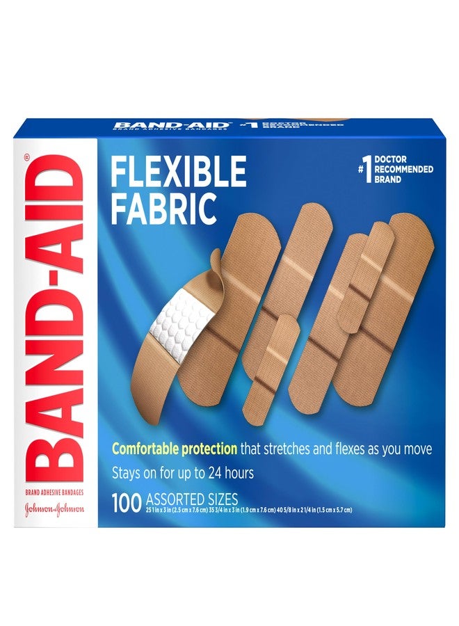 BAND-AID Brand Flexible Fabric Adhesive Bandages, Comfortable Sterile Protection & Wound Care for Minor Cuts, Scrapes & Burns, First Aid Kit Essential, Non-Stick Hurt-Free Pad, Assorted Sizes, 100 Ct - Image 1