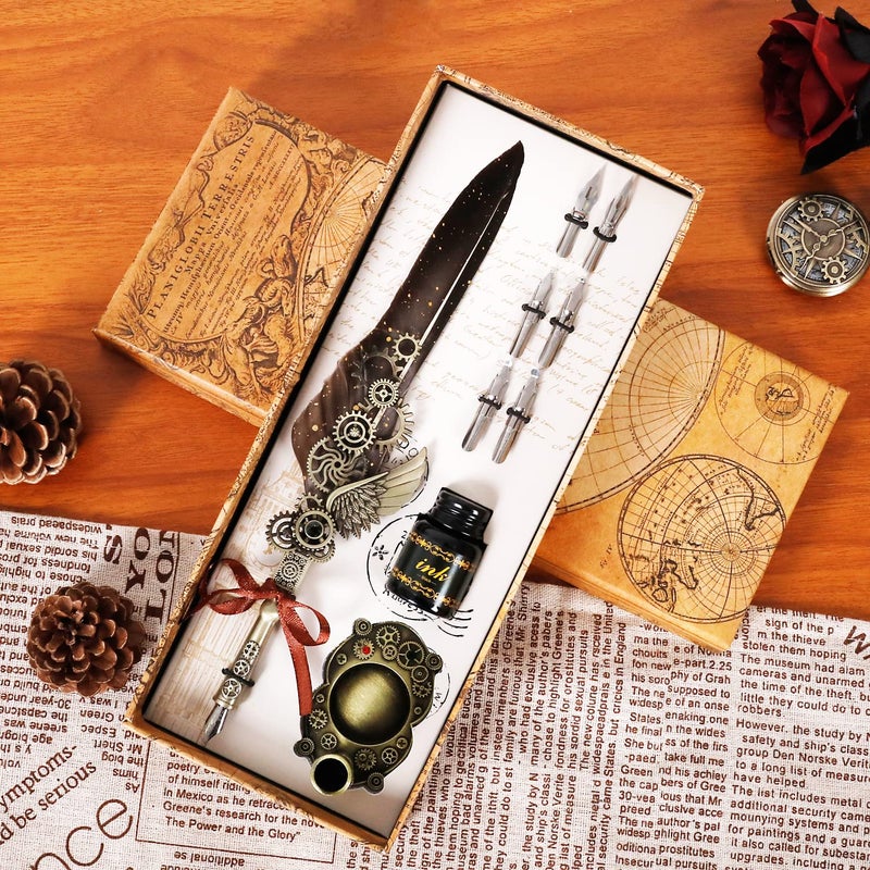 Aifeiter Feather Pen Set,Calligraphy Fountain Dip Feather Pen and Ink Set for Writing,Christmas Gift for Handwriting Lovers Birthday Gift,Luxury Vintage Signature Pen-Grey - Image 2
