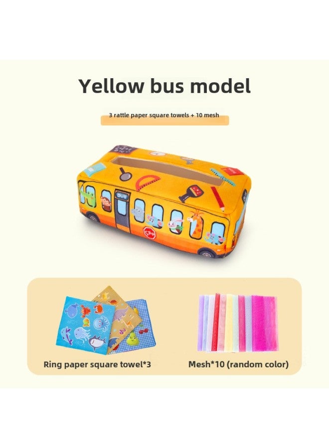 Baby's Tear Tissue Box Paper Tipping Toy Baby Learning Finger Paper Tipping Exercise Soothing Early Education Cloth Book-Color:Yellow Bus Model +3 Ringing Paper Square Towel +10 Gauze Towel - Image 1