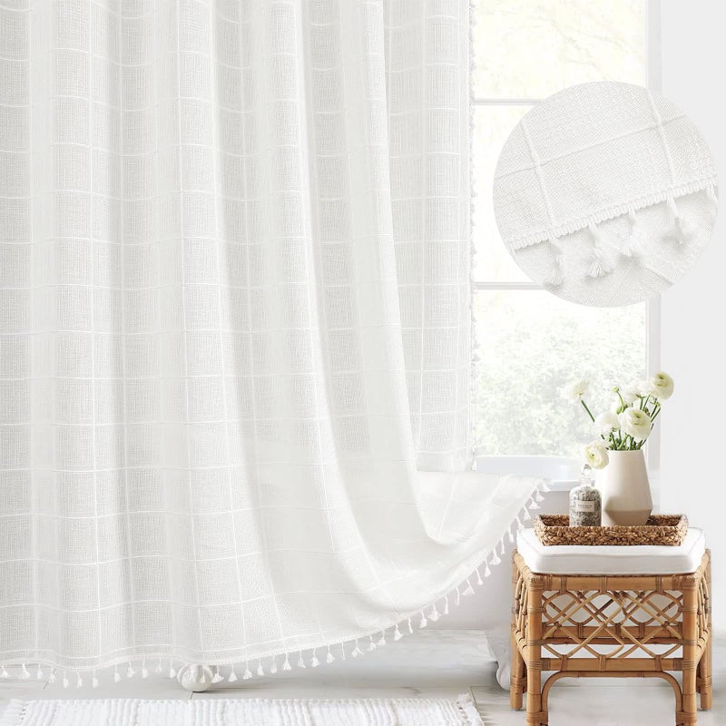 Gibelle White Boho Farmhouse Shower Curtain with Tassels, Rustic Cottagecore Aesthetic Bohemian Chic Modern Bathroom Decor Thick Waffle Textured Fabric Shower Curtain Set with Hooks, 72x72 - Image 1