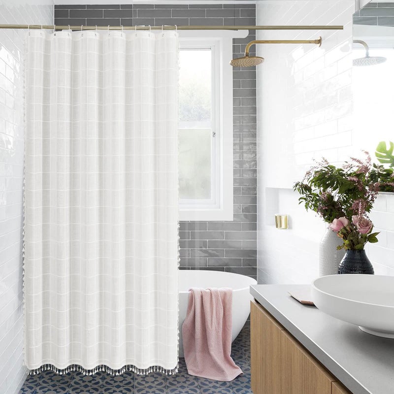 Gibelle White Boho Farmhouse Shower Curtain with Tassels, Rustic Cottagecore Aesthetic Bohemian Chic Modern Bathroom Decor Thick Waffle Textured Fabric Shower Curtain Set with Hooks, 72x72 - Image 2
