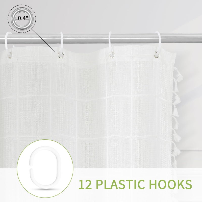 Gibelle White Boho Farmhouse Shower Curtain with Tassels, Rustic Cottagecore Aesthetic Bohemian Chic Modern Bathroom Decor Thick Waffle Textured Fabric Shower Curtain Set with Hooks, 72x72 - Image 5